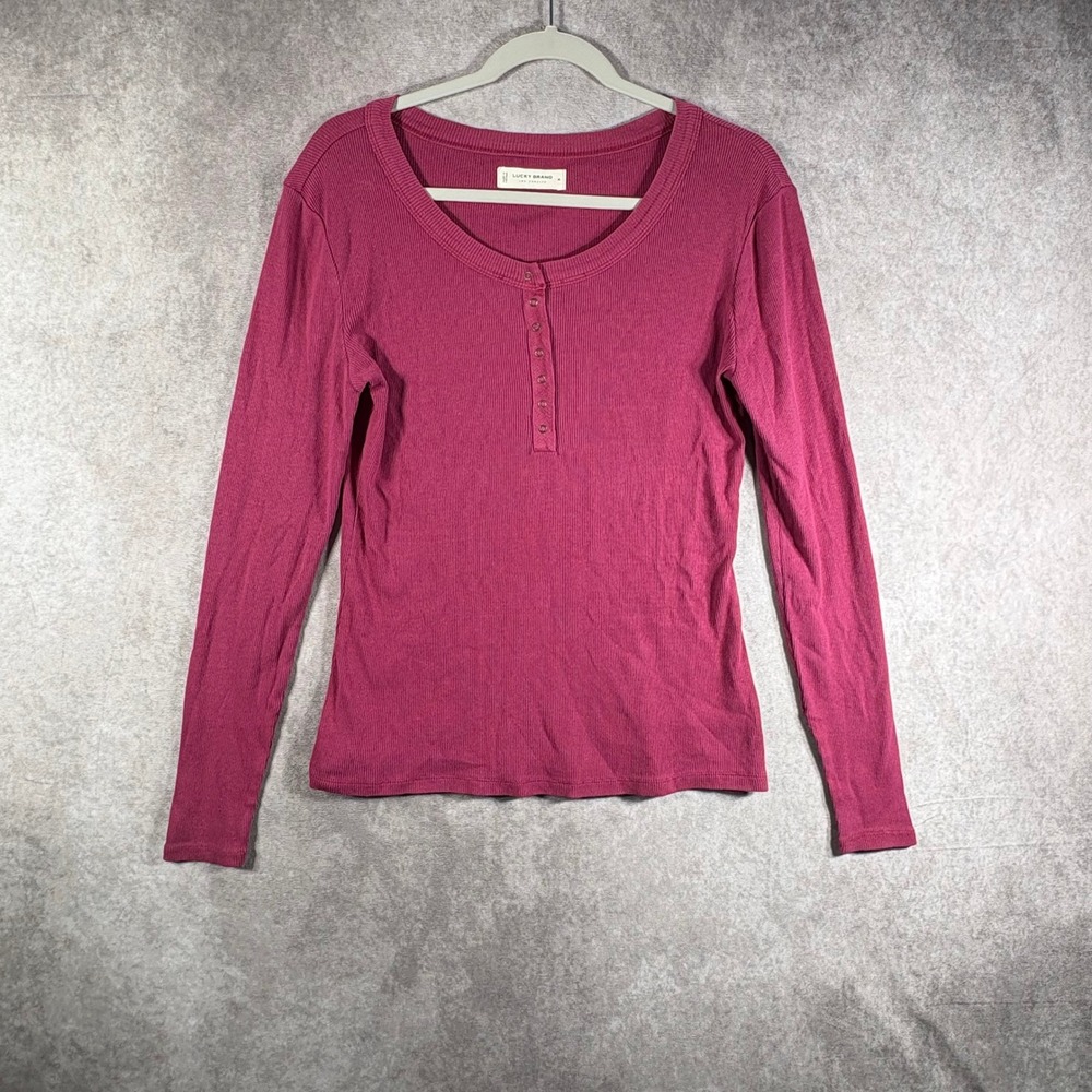 Lucky‎ Brand Henley Women Medium Pink Long Sleeve Ribbed Knit Top Casual Cotton